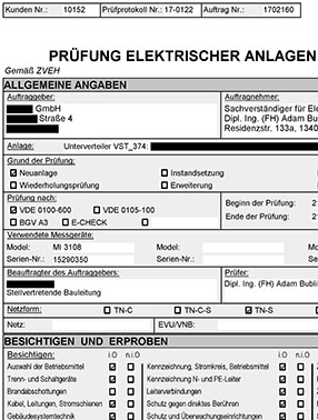 Prüfprotokoll nachDIN VDE 0100-600 und 0105-100